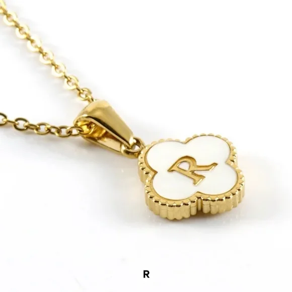 Gold Initial 'R' Clover Pendant Necklace - White & Gold - Picture 3 of 7
